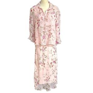 Vintage KS Petite Collection Cottage Floral Maxi Dress Sheer Blouse Top 90's 14P